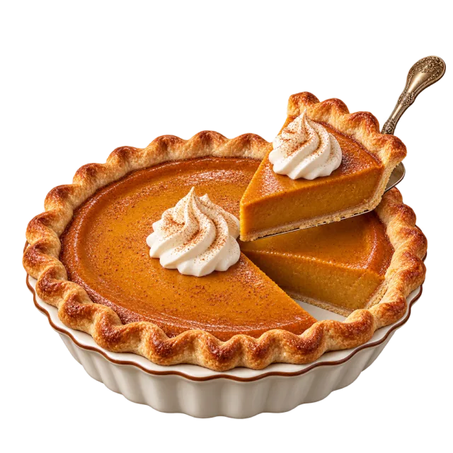 A pumpkin pie with a raised slice and whipped cream decorations