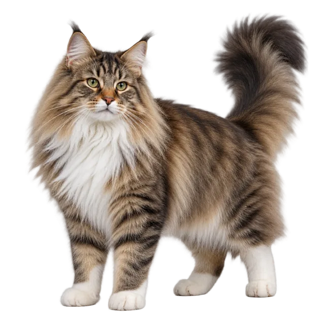 Realistic-style illustration of norwegian forest cat with long striped fur and a pale chest