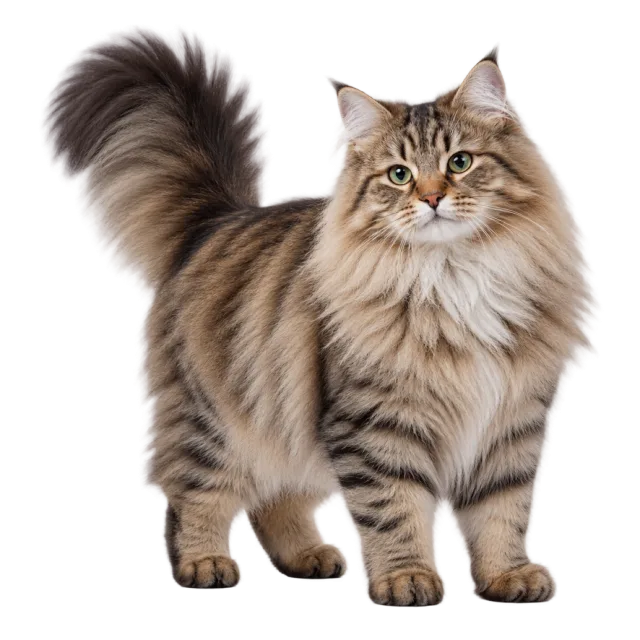 Realistic-style illustration of siberian cat with thick tabby fur and a bushy tail