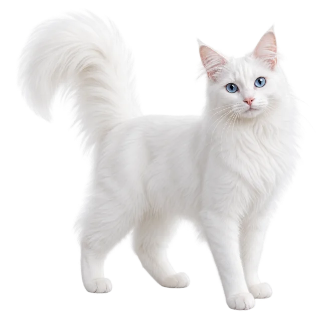 Realistic-style illustration of turkish angora cat with white fur and a flowing tail