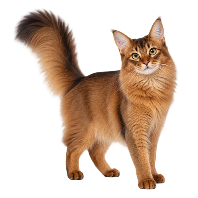 Realistic-style illustration of somali cat with warm orange fur and a bushy tail