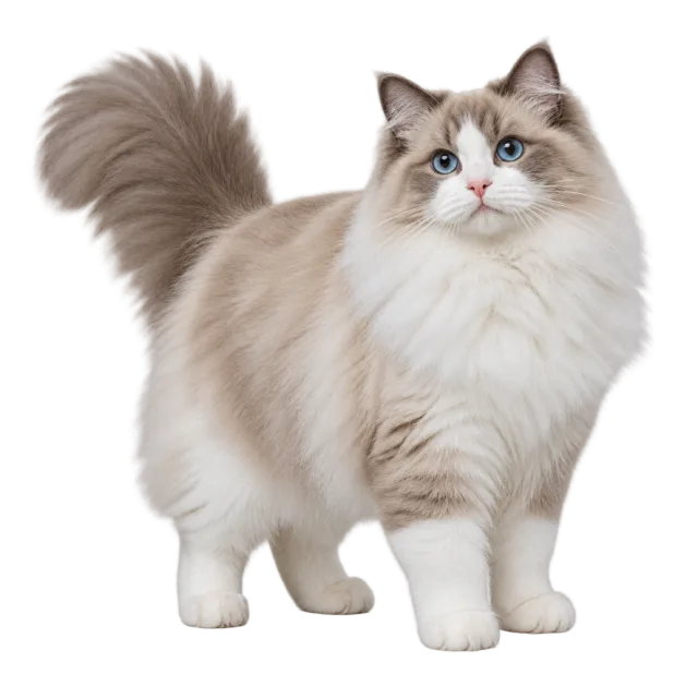 Realistic-style illustration of ragamuffin cat with long cream and gray fur