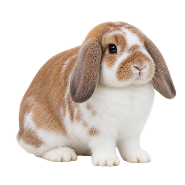 Realistic-style illustration of holland lop rabbit with brown and white fur with drooping ears