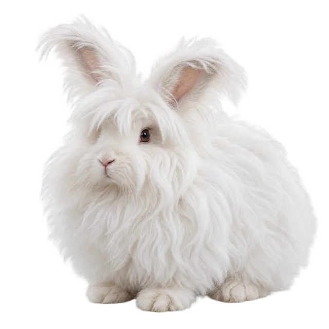 Realistic-style illustration of english angora rabbit with long fluffy white fur