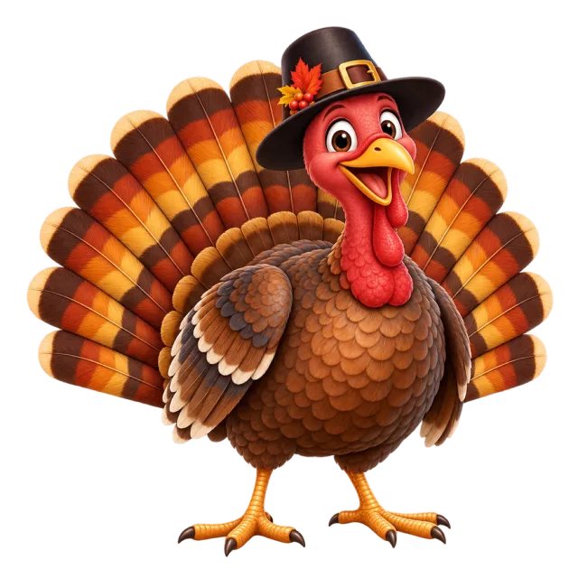 A smiling cartoon turkey with a fanned brown tail and black buckled hat