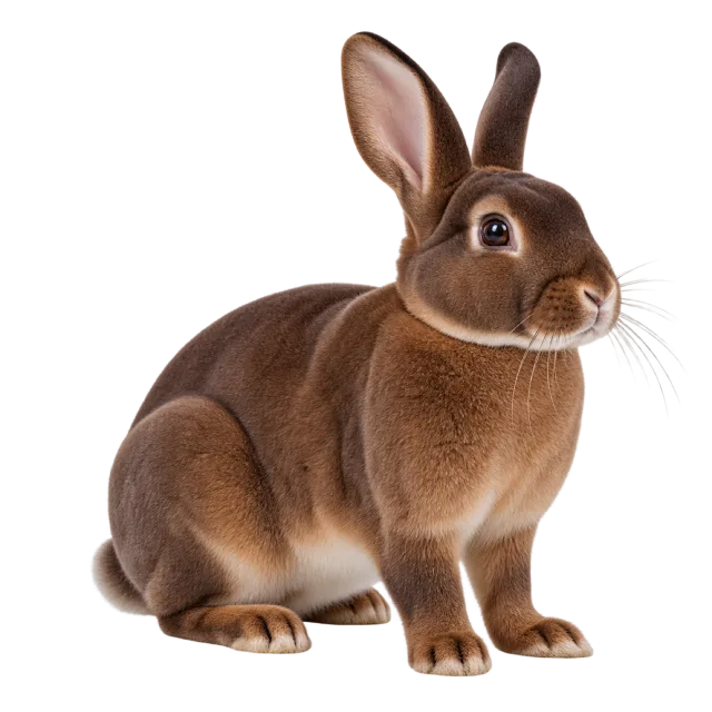 Realistic-style illustration of mini rex rabbit with short brown fur and tall ears