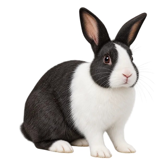 Realistic-style illustration of dutch rabbit with black and white fur with upright ears