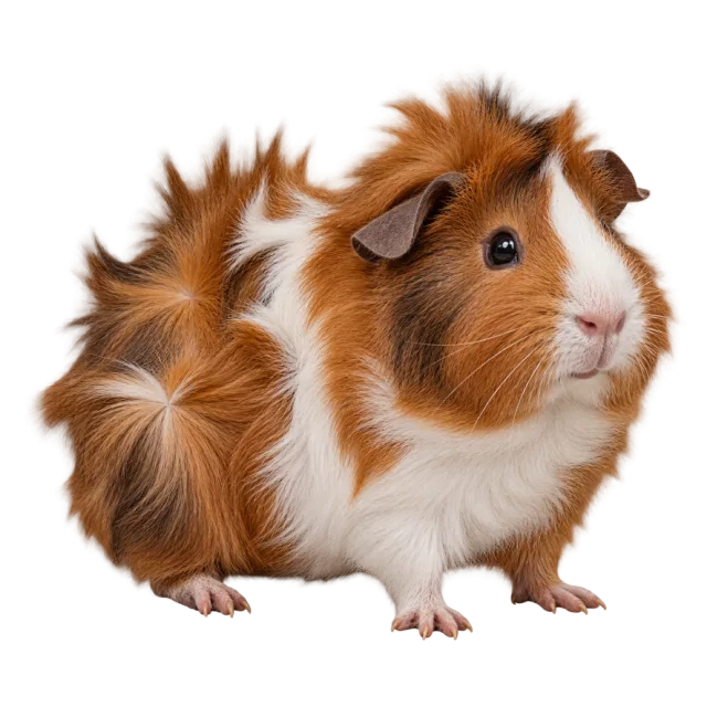 Realistic-style illustration of abyssinian guinea pig with ruffled brown and white fur
