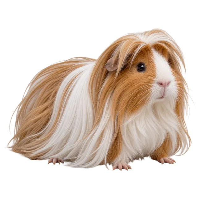 Realistic-style illustration of peruvian guinea pig with long flowing tan and white fur