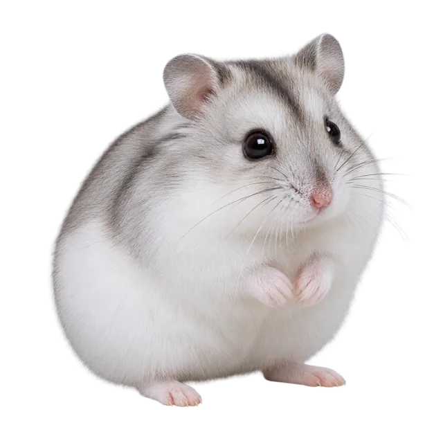 Realistic-style illustration of winter white dwarf hamster with pale gray and white fur with a dark back stripe