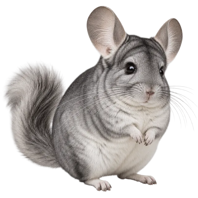 Realistic-style illustration of chinchilla with soft gray fur, large ears and a bushy tail