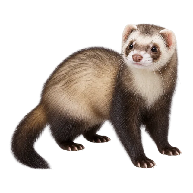 Realistic-style illustration of ferret with cream and dark brown fur with facial markings