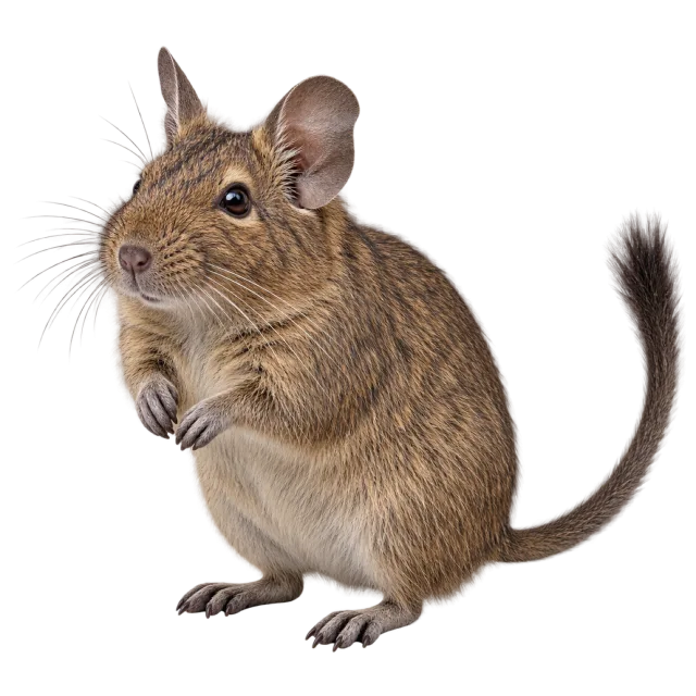 Realistic-style illustration of degu with brown fur and a long tufted tail