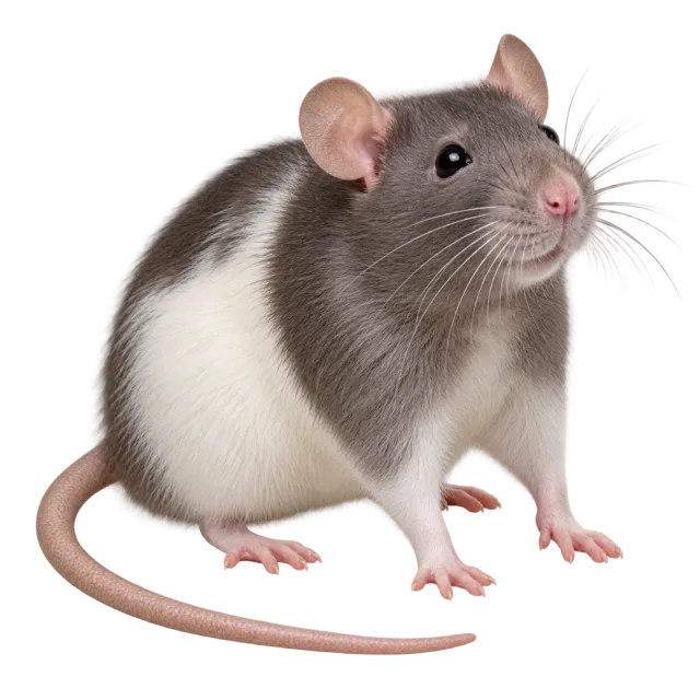Realistic-style illustration of fancy pet rat with a pale belly, rounded ears and a long bare tail