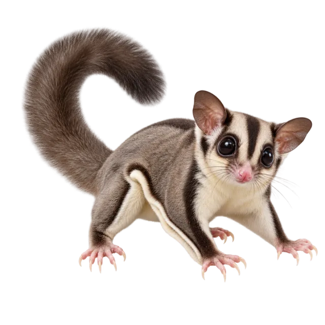 Realistic-style illustration of sugar glider with gray fur, large dark eyes and a long tail