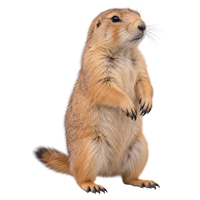 Realistic-style illustration of prairie dog with tan fur with small forepaws held near the chest