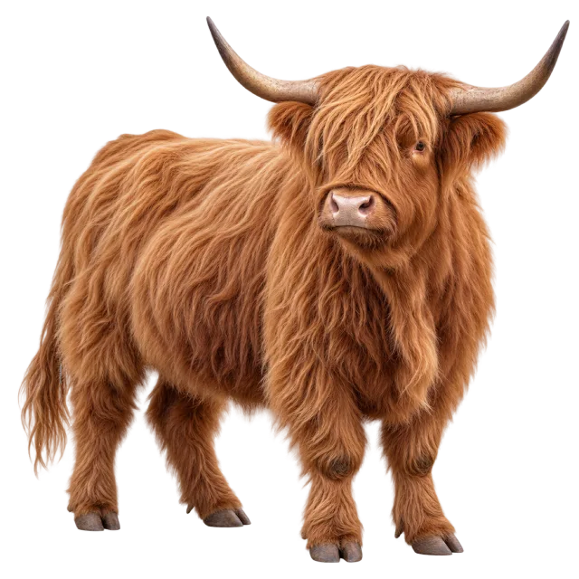 Realistic-style illustration of highland cow with long reddish fur and wide curved horns