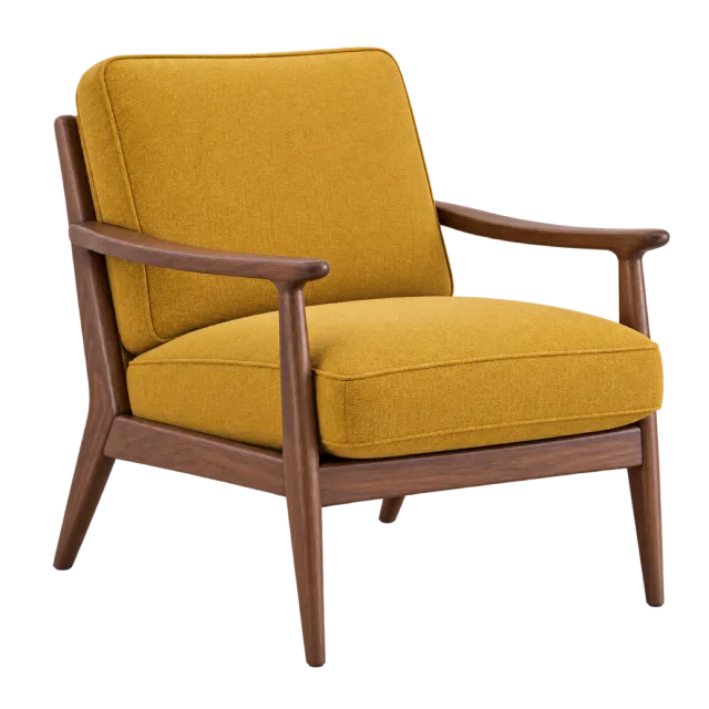 A mustard yellow upholstered armchair with a dark wooden frame and tapered legs