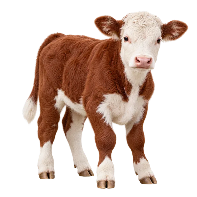 Realistic-style illustration of hereford calf with reddish-brown fur with a white face
