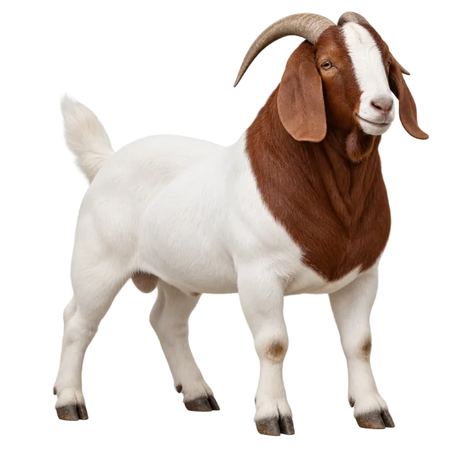 Realistic-style illustration of boer goat with a brown head, white body and drooping ears