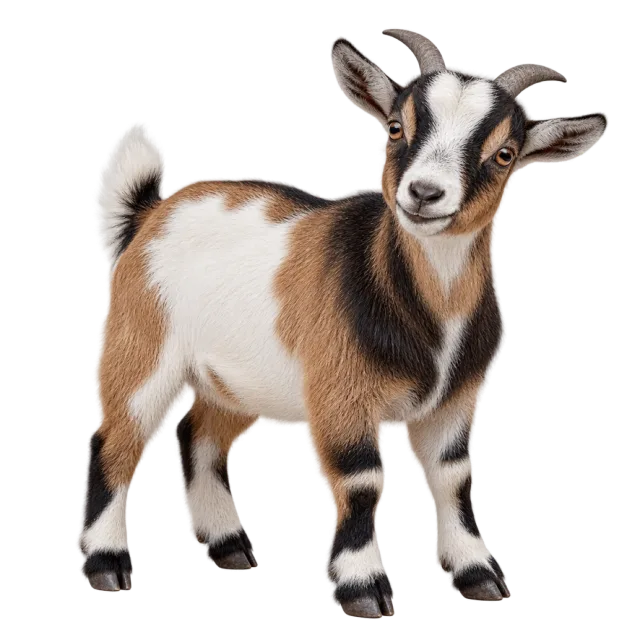 Realistic-style illustration of nigerian dwarf goat with brown, black and white patches