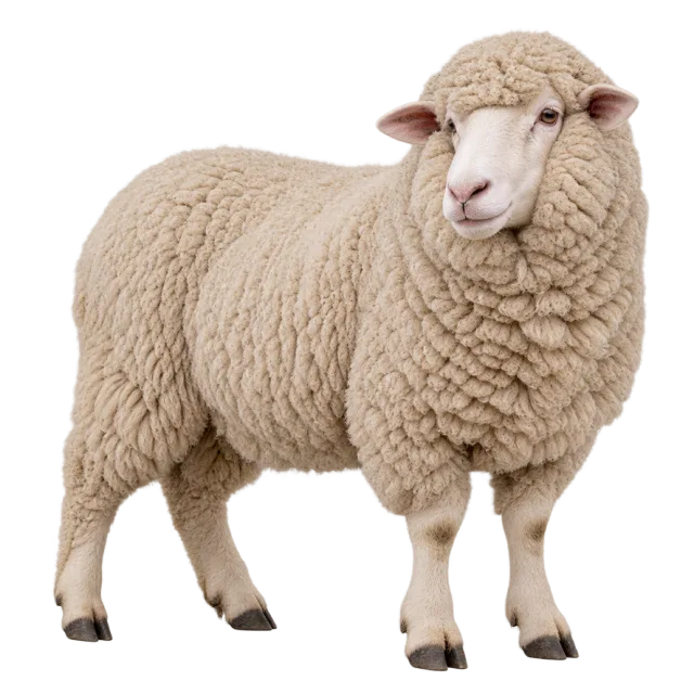 Realistic-style illustration of merino sheep with thick cream fleece