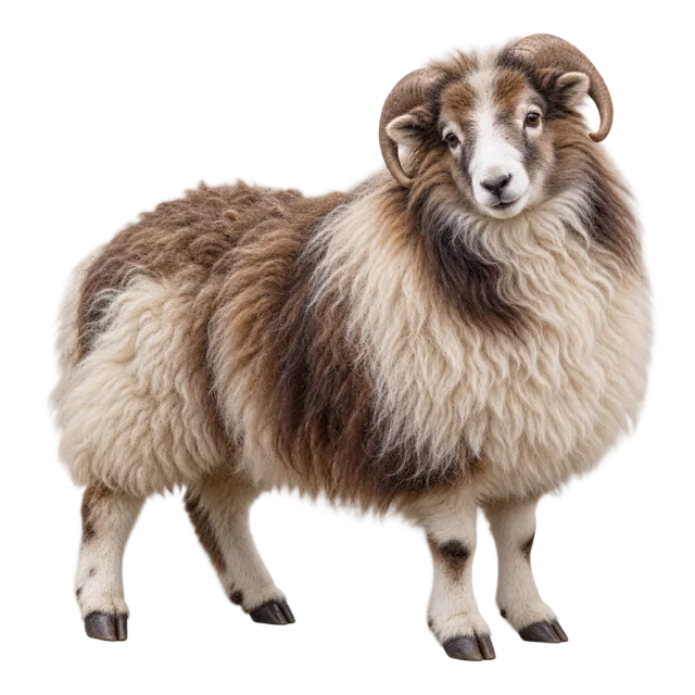 Realistic-style illustration of shetland sheep with woolly fleece and a pale face
