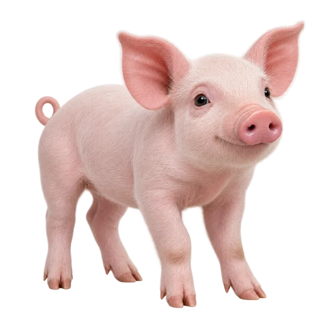 Realistic-style illustration of pink domestic piglet with pink skin and a curled tail