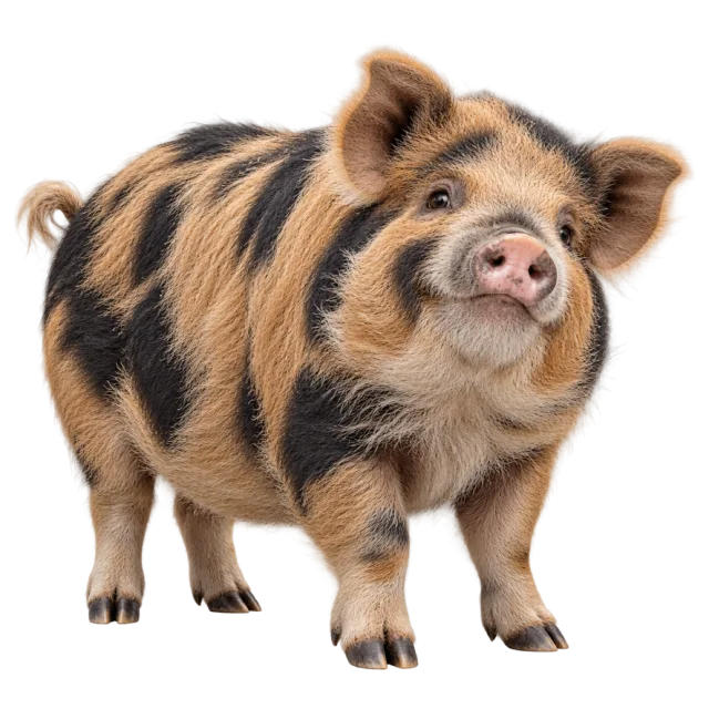 Realistic-style illustration of kunekune pig with shaggy black and tan patches