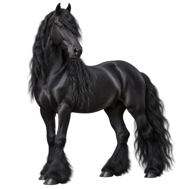 Realistic-style illustration of friesian horse with a black coat with a long mane