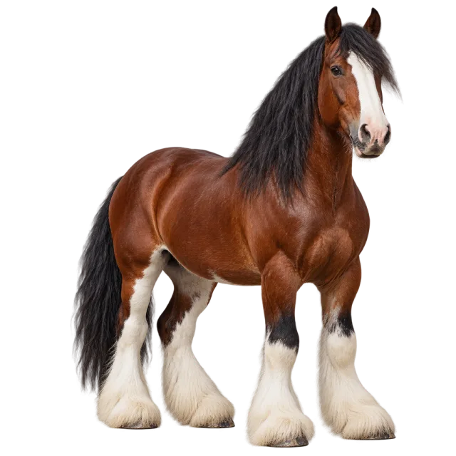 Realistic-style illustration of clydesdale horse with a brown body and white feathering around the hooves