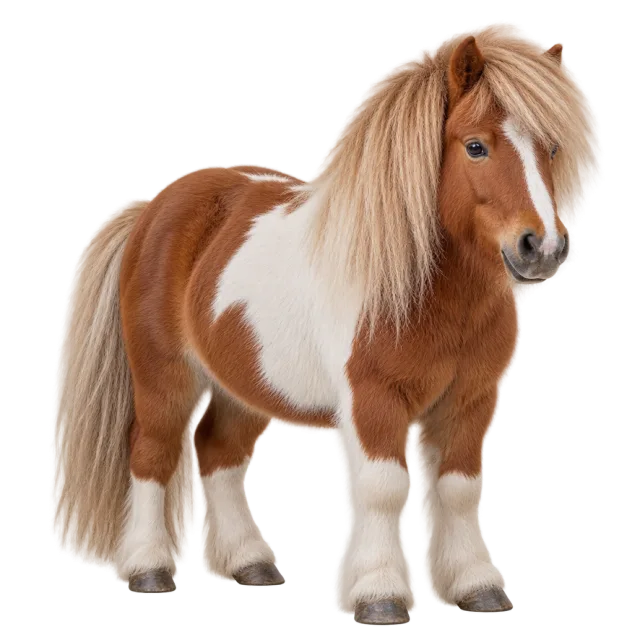 Realistic-style illustration of shetland pony with a thick mane and compact body