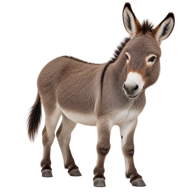 Realistic-style illustration of miniature donkey with long ears and a pale muzzle
