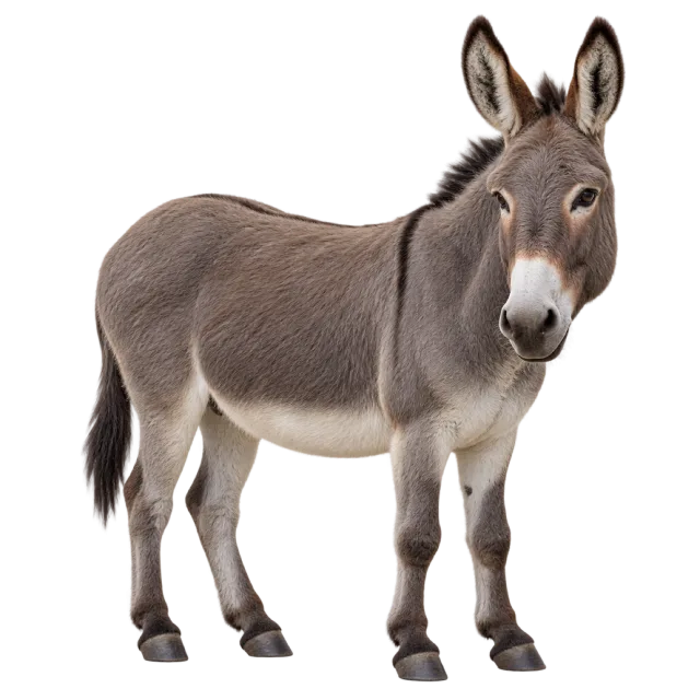Realistic-style illustration of grey donkey with gray fur and long upright ears