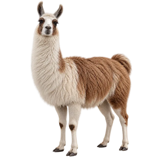 Realistic-style illustration of llama with brown and white wool with a long neck