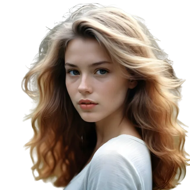 Woman in a white top looking back with wavy light-brown hair on a transparent background