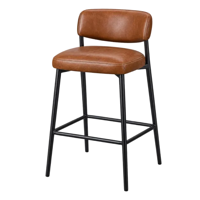 A brown padded bar stool with a low backrest, black metal legs and footrest