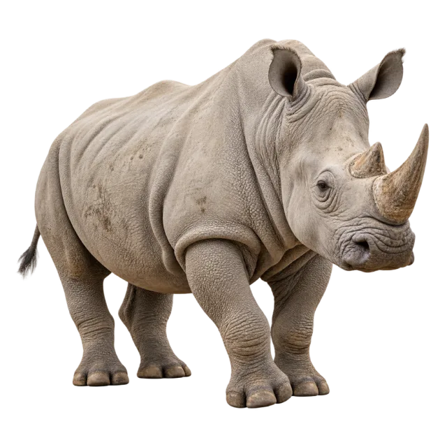 Realistic-style illustration of white rhinoceros with gray folded skin and two horns