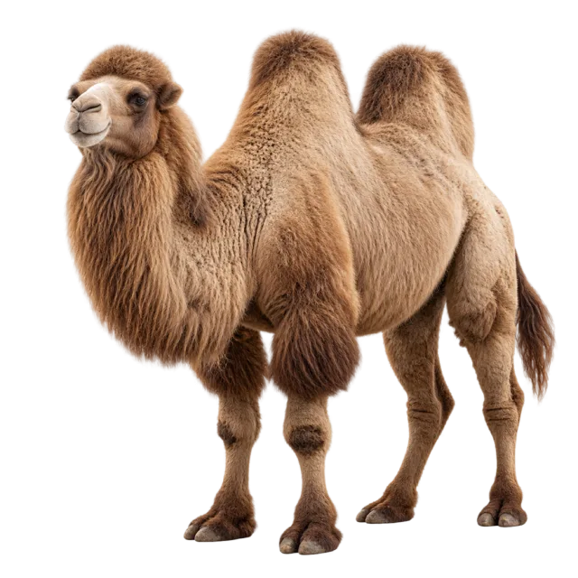 Realistic-style illustration of bactrian camel with two humps and shaggy brown fur