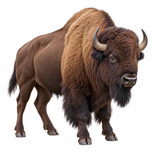 Realistic-style illustration of american bison with a heavy brown mane and curved horns