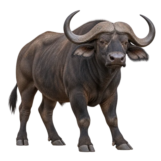 Realistic-style illustration of african buffalo with a dark coat and broad curved horns
