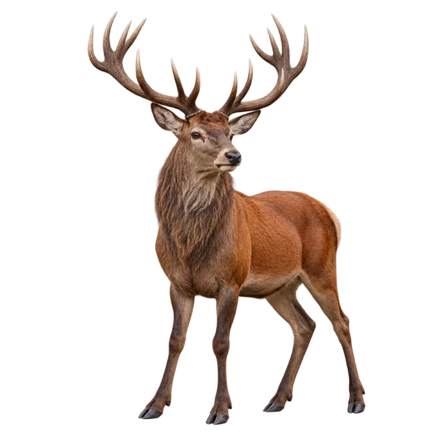 Realistic-style illustration of red deer stag with branching antlers and a reddish-brown coat