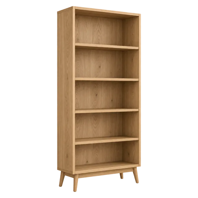 A tall light wood bookcase with open shelves and short angled legs