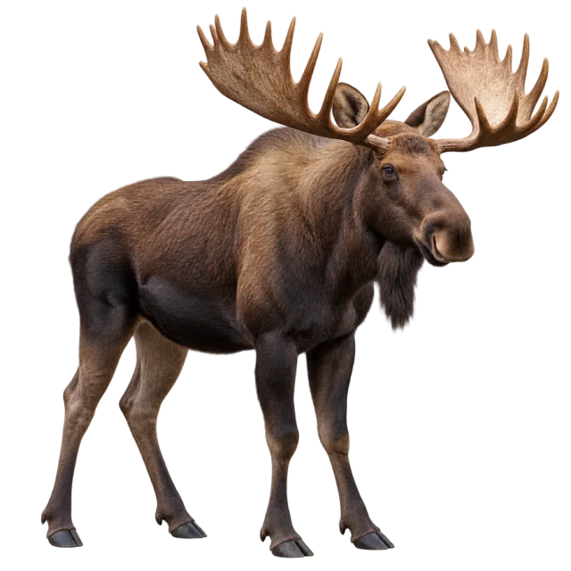 Realistic-style illustration of moose with broad antlers and long legs