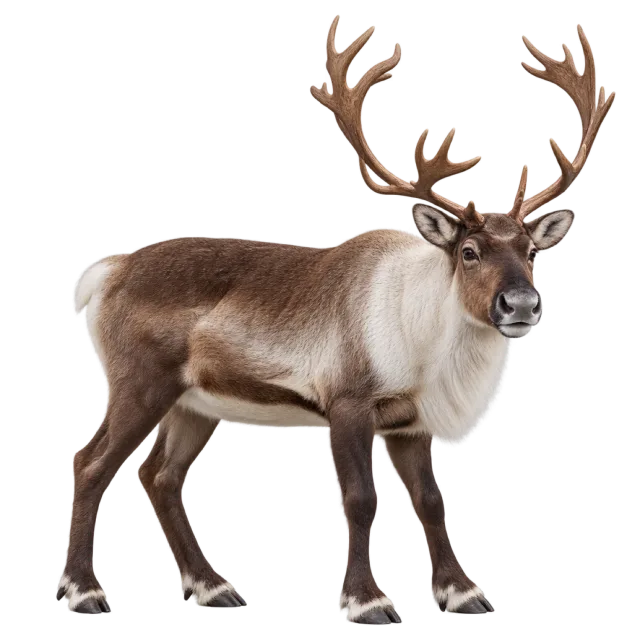 Realistic-style illustration of reindeer with branching antlers and pale neck fur