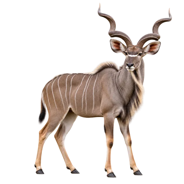 Realistic-style illustration of greater kudu with white body stripes and spiraling horns
