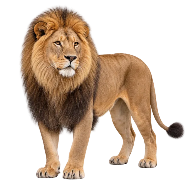 Realistic-style illustration of african lion with a golden-brown mane and tufted tail