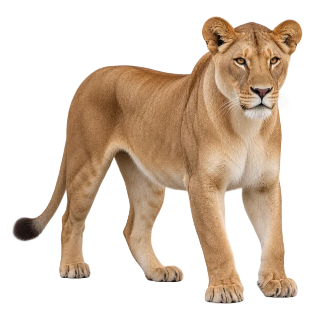 Realistic-style illustration of lioness with a tawny coat and long tail