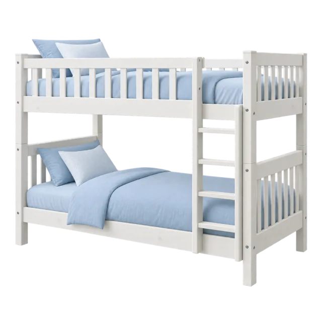 A white bunk bed with a side ladder, safety rails and pale blue bedding