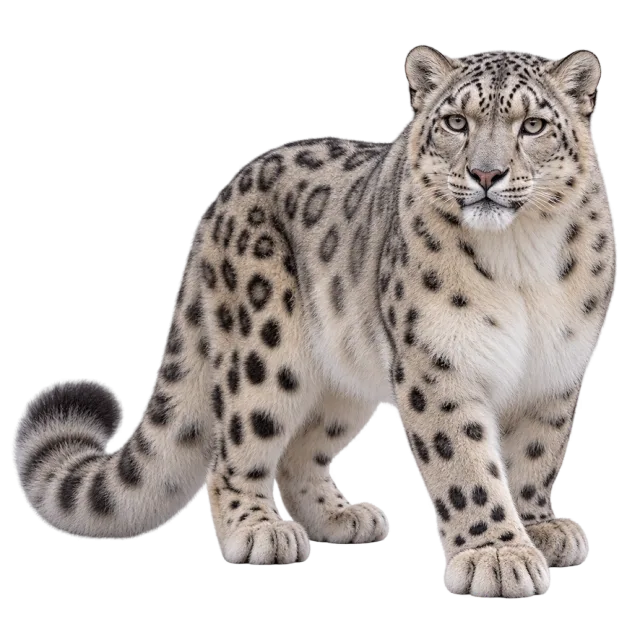 Realistic-style illustration of snow leopard with pale fur with dark rosettes and a thick tail
